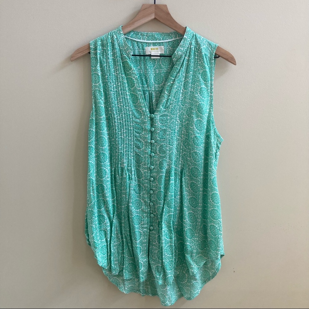 Maeve by Anthropologie- flowy green patterned sleeveless blouse, medium